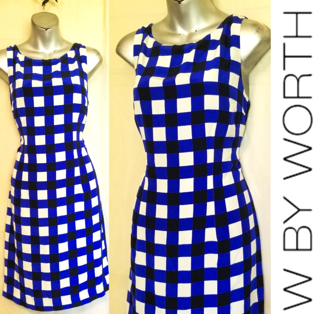 W by Worth blue silk sheath checkered dress 8